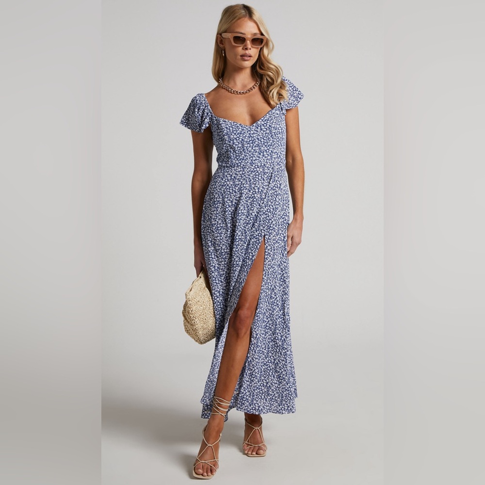 DONISSA MIDI DRESS - THIGH SPLIT FLUTTER SLEEVE DRESS IN BLUE
